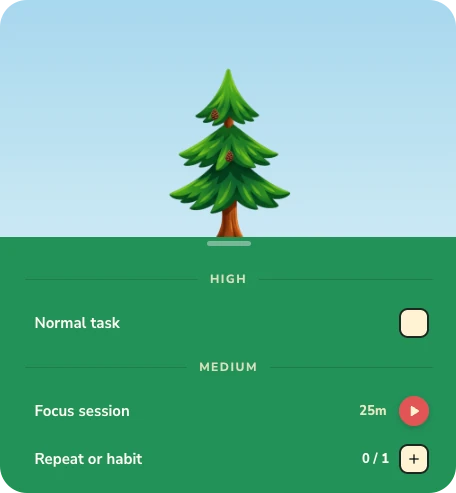A planned day with a task, a focus session, and a habit under a tree